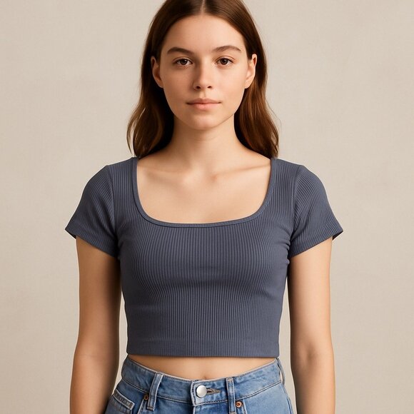 Wild Fable Crop Top XS Gray Ribbed Square Neck Short Sleeve Stretchy Tee - Picture 1 of 7